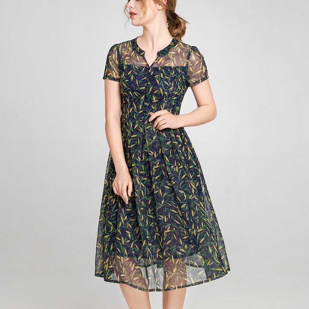 (TỔNG KHO LÂM ANH CHUYÊN SỈ) Đầm xòe voan hoa cổ trụ đính nút ngực - A0458
