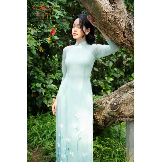 ÁO DÀI CÁCH TÂN NỮ 4 TÀ KẾT CÚC HOẠ MI LÓT VẢI LỤA TAY PHỐI REN CAO CẤP - ÁO DÀI THIẾT KẾ MẶC TẾT TRUYỀN THỐNG ADCTHCXV