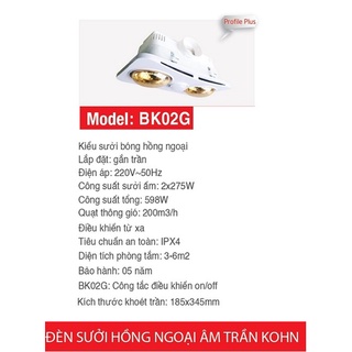 Đèn sưởi nhà tắm 2 bóng âm trần Braun Kohn BK02G công tắc 3 trong 1 ( Sưởi ấm, chiếu sáng, thông gió)- Bảo hành 5 năm