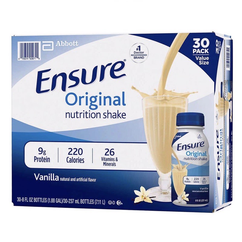 ABBOTT MỸ THÙNG SỮA NƯỚC ENSURE ORIGINAL NUTRITION SHAKE VANILLA 30 chai * 237ml