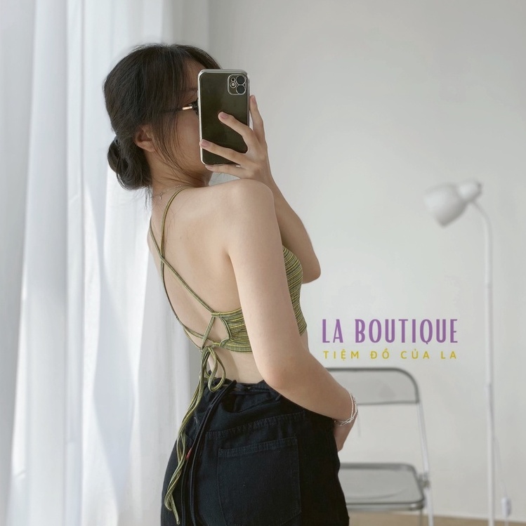 Áo croptop cổ yếm đan dây hở lưng thun gân La Boutique