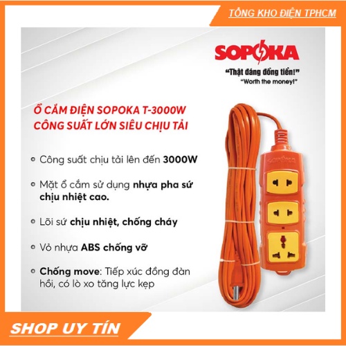 Ổ cắm điện SOPOKA 4S T-3000W công suất lớn siêu chịu tải dây dài 3m 5m 10m Chính Hãng