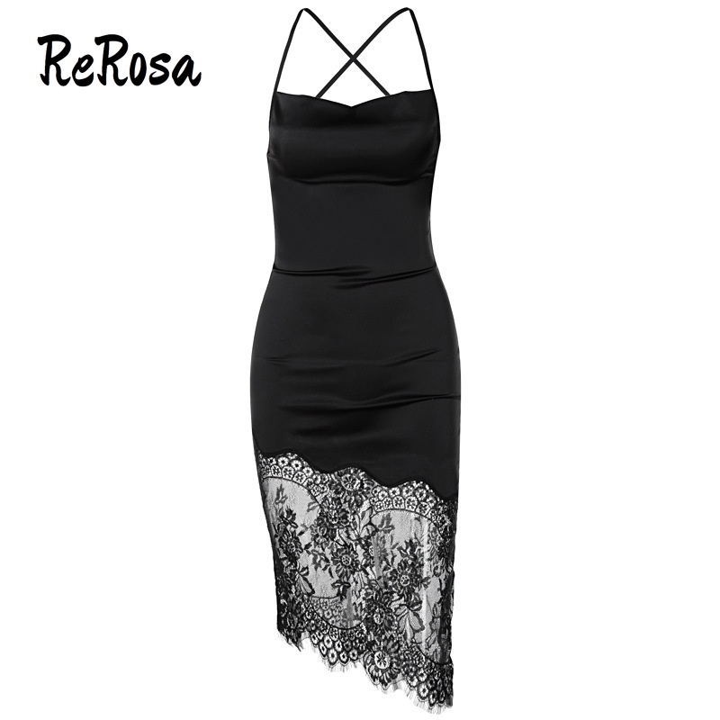 Rerosa Đầm Nữ Hai Dây Phối Ren Hở Lưng Thời Trang