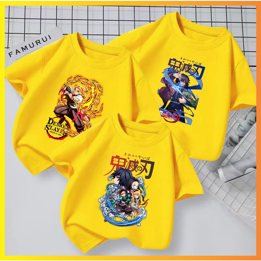 Áo thun màu vàng in hình Demon Diệt Quỷ anime cực chất cho bé trai bé gái