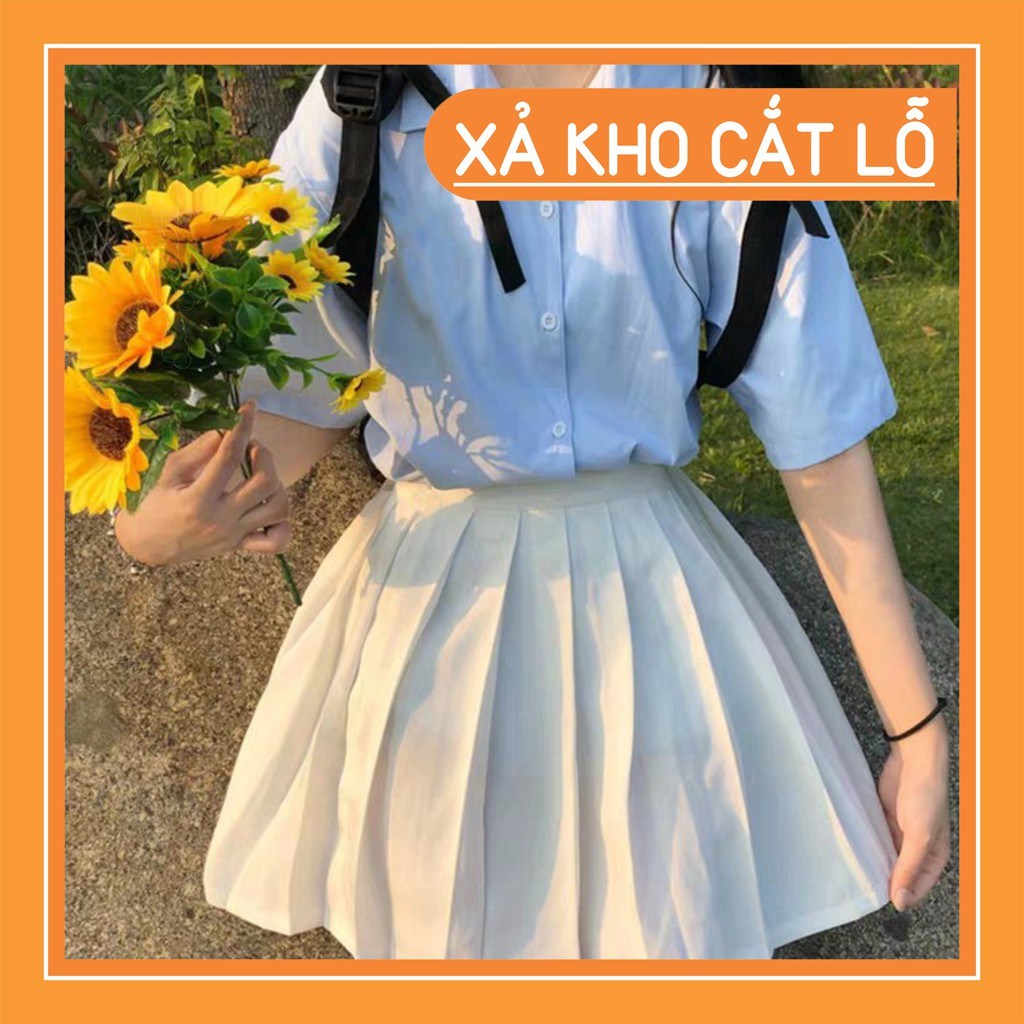 [Xả kho] Mới -  SET ÁO SƠ MI XANH THÊU HOA MIX CHÂN VÁY TENNIS TRẮNG ULZZANG