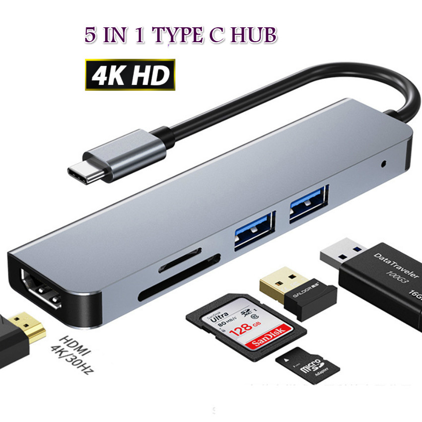Bộ Chia Cổng Usb Type C 4 / 5 / 6 Trong 1 Otg Usb 3.0 HDMI-Tf Cho Macbook Laptop