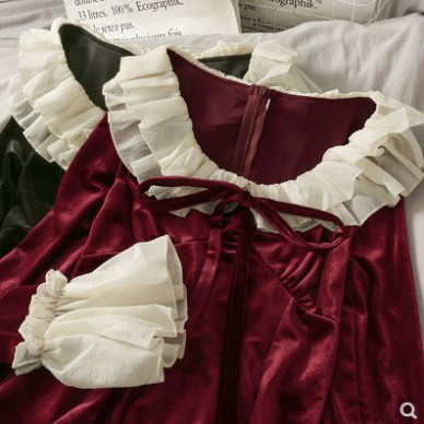 [Order Tmall] #O16  Phong cách thời trang Pháp - Váy nhung 2 lớp tay loe cổ lá sen 2 màu cực tôn da tôn dáng