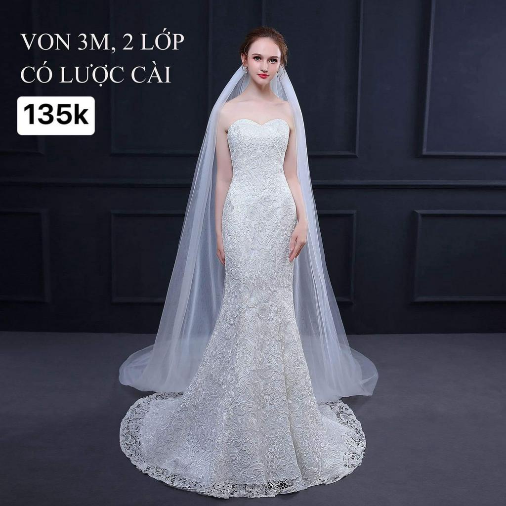 Lúp cô dâu trơn dài 3m 2 lớp,3m 3 lớp khăn voan cài tóc cô dâu