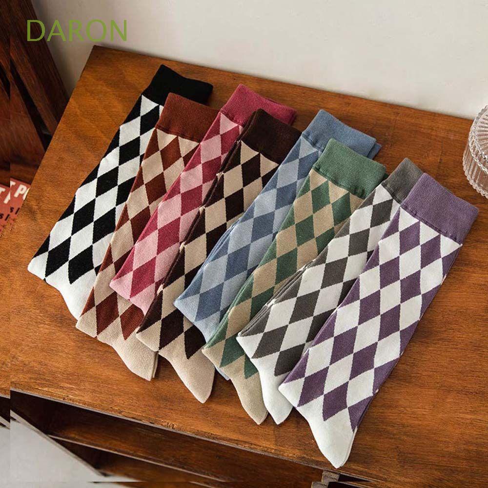 DARON Vớ cotton cổ cao co giãn họa tiết kẻ ô hình thoi dễ thương nhiều màu sắc độc đáo cho học sinh nữ