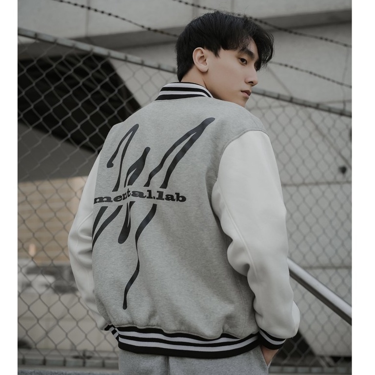Áo Bomber Nỉ MENTAL® /College Varsity Jacket/ Xám Trắng
