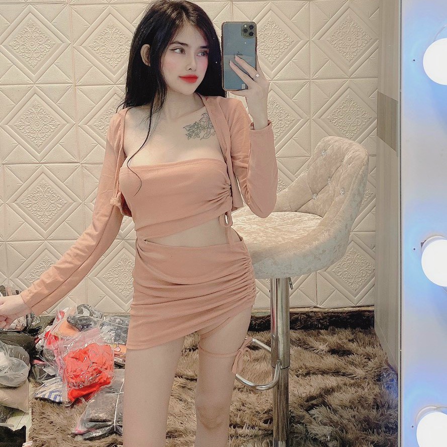 Đầm body hở eo cực sexy kèm áo khoác xinh xinh, chất thun bozip mềm mịn