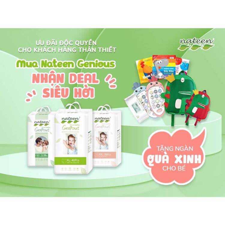 (COMBO 2 BỊCH) Tã/Bỉm Dán/Quần Nateen GENIOUS (loại mới) BỈ Sd56/Md46/Ld42/Lq42/XLq40/XXL38