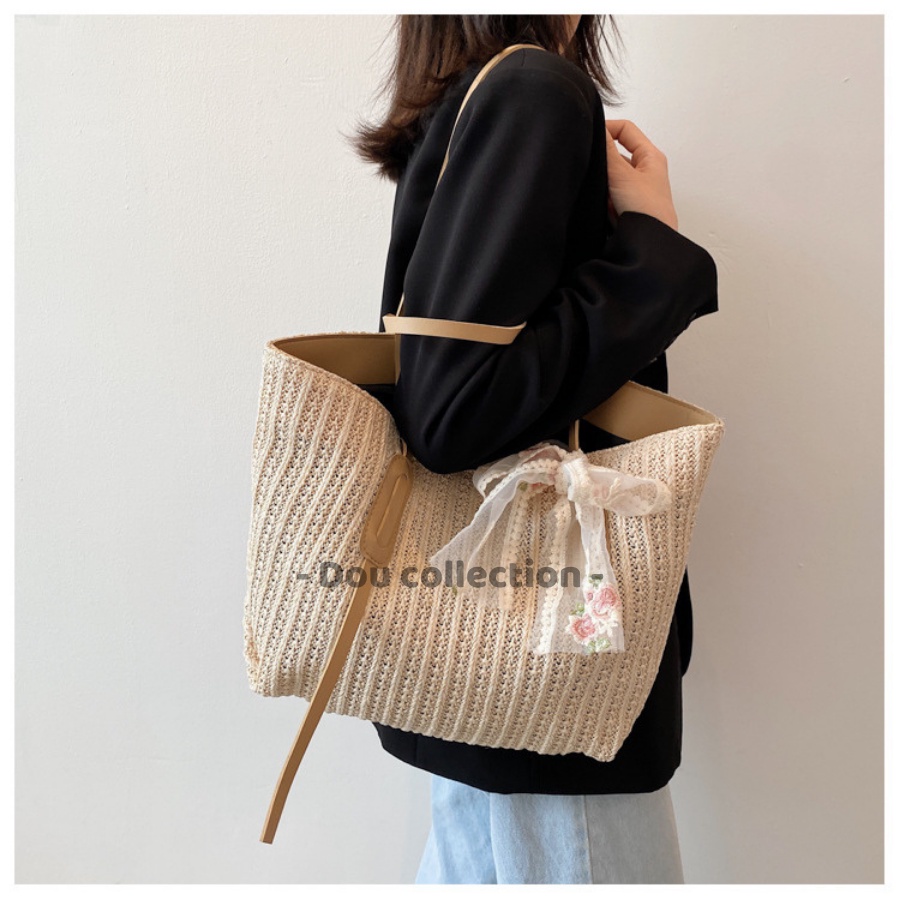 [NowShip2h] Túi Cói Đeo Vai (Túi Xách Kẹp Nách) Tote Trơn Phối Nơ Ren Thời Trang Đi Biển - Mã XT055