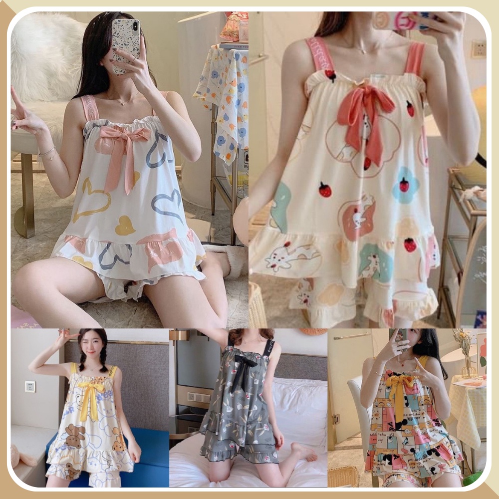 Bộ đồ ngủ pijama dễ thương 2 dây thun sữa mền mát, đồ ngủ nữ mặc nhà sau sinh dễ thương
