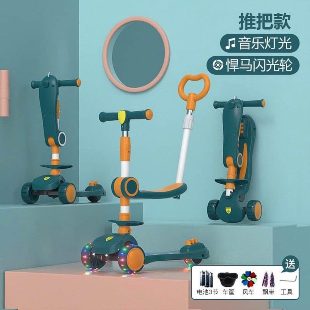 Xe trượt Scooter 3 bánh đa năng có đèn led phát sáng Kèm Tay Đẩy, có nhạc và ghế ngồi cho trẻ em