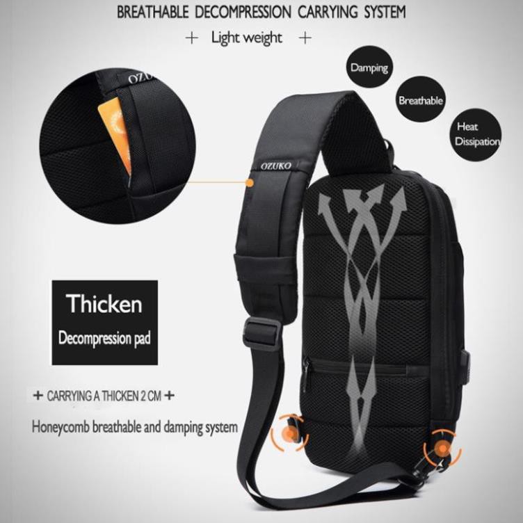 [hàng sẵn- freeship- bảo hành 6 tháng] Túi đeo chéo OZUKO không thấm nước chống trộm có cổng USB thời trang nam