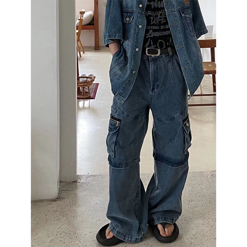 Quần Yếm Denim Dáng Rộng Nhiều Túi Có Khóa Kéo Phong Cách Công Nghiệp