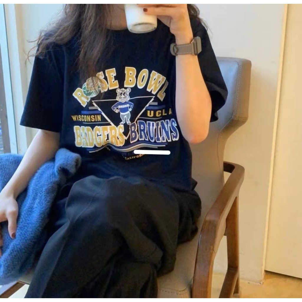 Áo Thun Cotton Tay Ngắn Cổ Tròn Dáng Rộng In Họa Tiết Hoạt Hình Phong Cách Hàn Quốc Cho Nữ