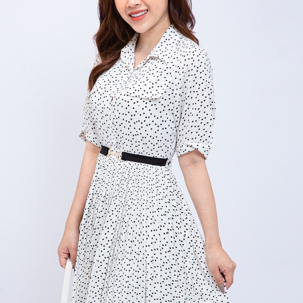 Đầm công sở châm bi tim dáng xòe AMYRA thiết kế trẻ trung  cổ sơ mi nút ngực đai eo DA148 | BigBuy360 - bigbuy360.vn