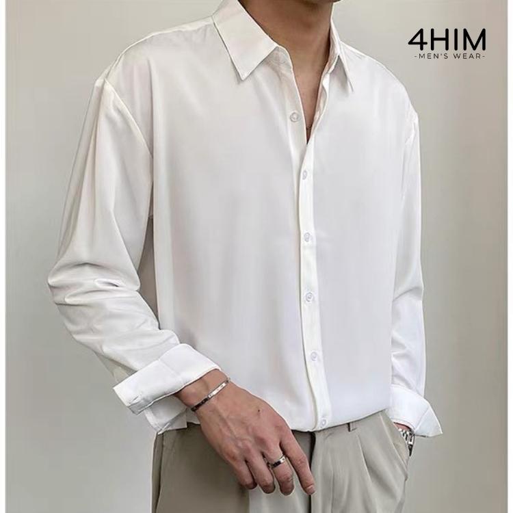 Áo sơ mi nam nữ dài tay Unisex Basic trơn màu trắng và đen Chất cotton lụa mịn mát 4HIm