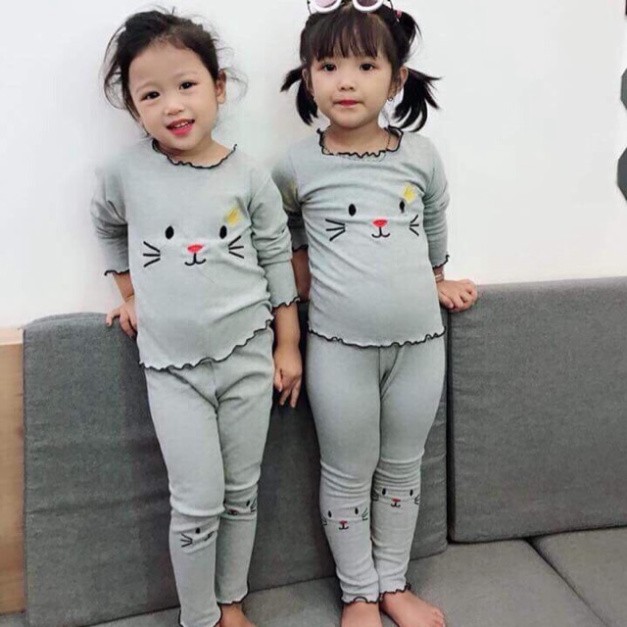 Bộ Thun Dài Tay - Bộ Ngủ Cho Bé Gái Cổ Thuyền Thêu Mèo Dễ Thương