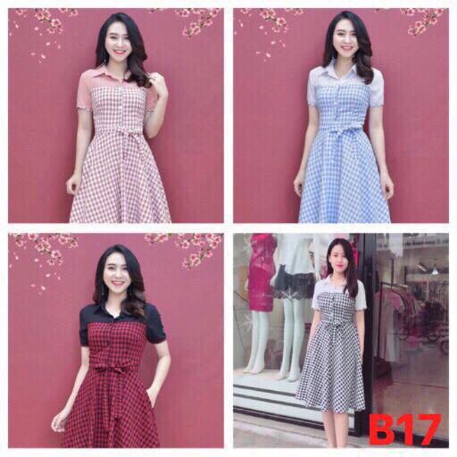 ĐẦM XÒE THUN TAY NGẮN CARO STYLE TRẺ TRUNG -B17