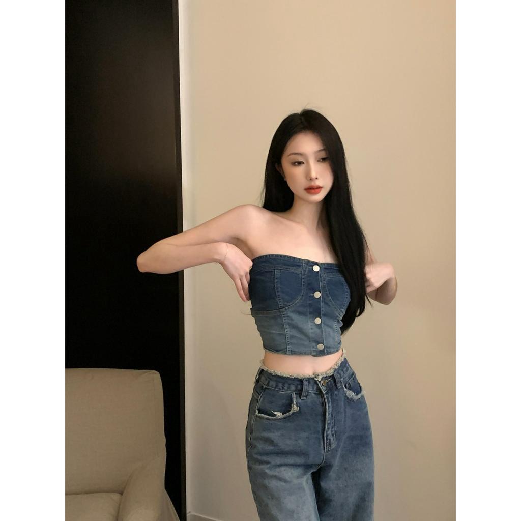 Cocory vn Bộ Áo Ngực Denim / Quần Jeans Tua Rua Thẳng Ống Rộng Lưng Cao Thời Trang Mùa Hè Quyến Rũ Cho Nữ