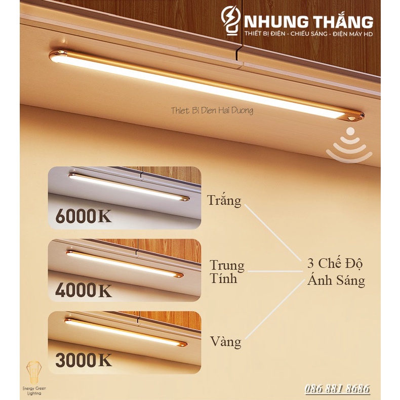 Đèn Led Dán Tủ Cảm Biến Thân Nhôm Cao Cấp WH-L01-GY - 60-80cm- 3 Chế Độ Ánh Sáng - Tăng Giảm Ánh Sáng -Pin Sạc Tích Điện