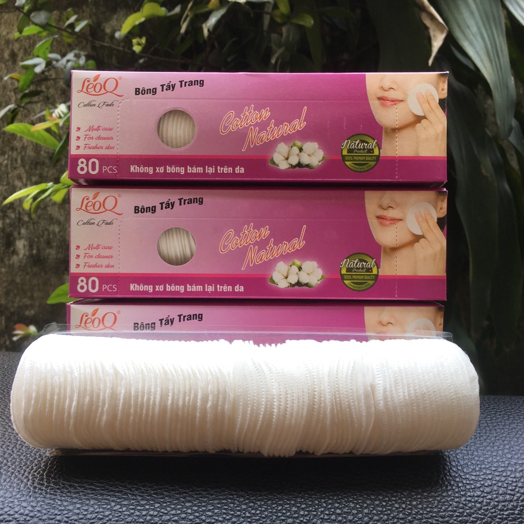 bông tẩy trang LeoQ hộp 80 miếng, chất cotton 100%, có khâu viền, không sơ bông.