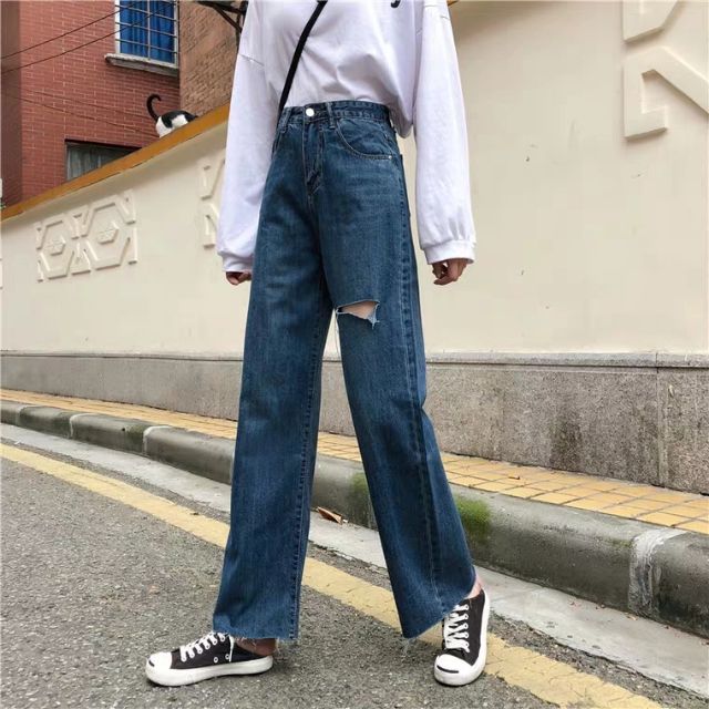 Quần momjeans baggy đậm rách bên kèm ảnh thật ulzzang