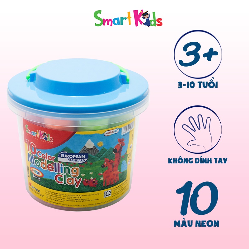 Đất nặn Smartkids xô nhựa 500g 10 màu neon dành cho bé từ 3 tuổi trở lên, an toàn, không độc hại SK-C500N