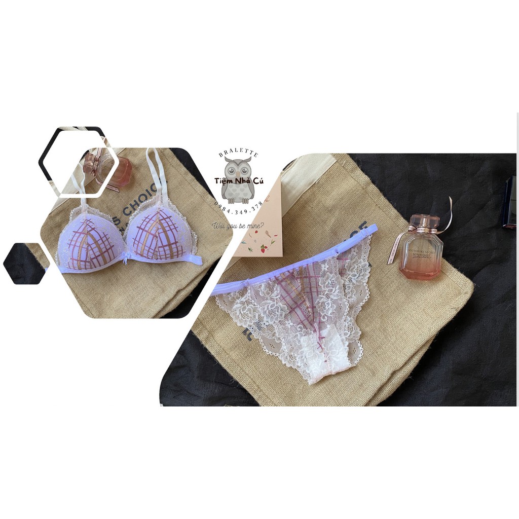 Set bra thiết kế sexy, Đồ lót nữ màu trắng sọc đỏ gợi cảm ôm ngực nguyên set gồm áo + quần