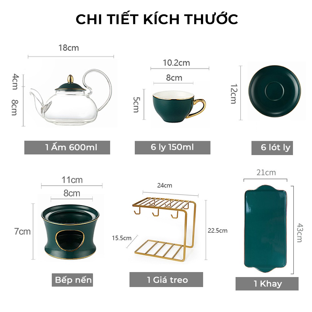 Bộ ấm trà sang trọng, tinh tế cốc sứ xanh viền vàng, bộ ấm trà hoàng gia - Tặng kèm khay sứ - Bảo hành 2 năm