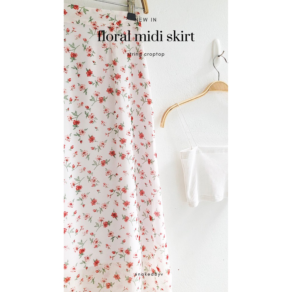 Naked By V - Chân Váy Floral Midi Skirt (Trắng)