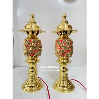 Đôi đèn điện thờ bằng đồng cao cấp họa tiết hoa sen cao 45cm