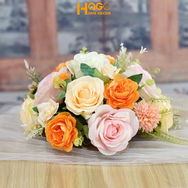 Hoa lụa, giỏ hoa lẵng hoa để bàn dài 45cm trang trí bàn hội thảo, hội nghị, bàn trà, bàn ăn, kệ tủ