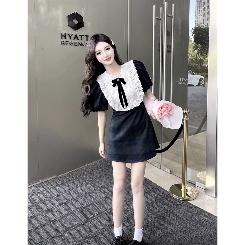[ORDER] Đầm Chữ a Tay Phồng Thắt Nơ Phối Ren Kiểu Pháp Thanh Lịch Thời Trang Xuân Hè Cho Nữ VD029