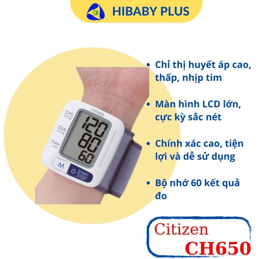 Máy đo huyết áp điện tử cổ tay tự động Citizen (Japan) - CH650. Màn hình LED dễ đọc kết quả, dễ sử dụng nhanh, chính xác