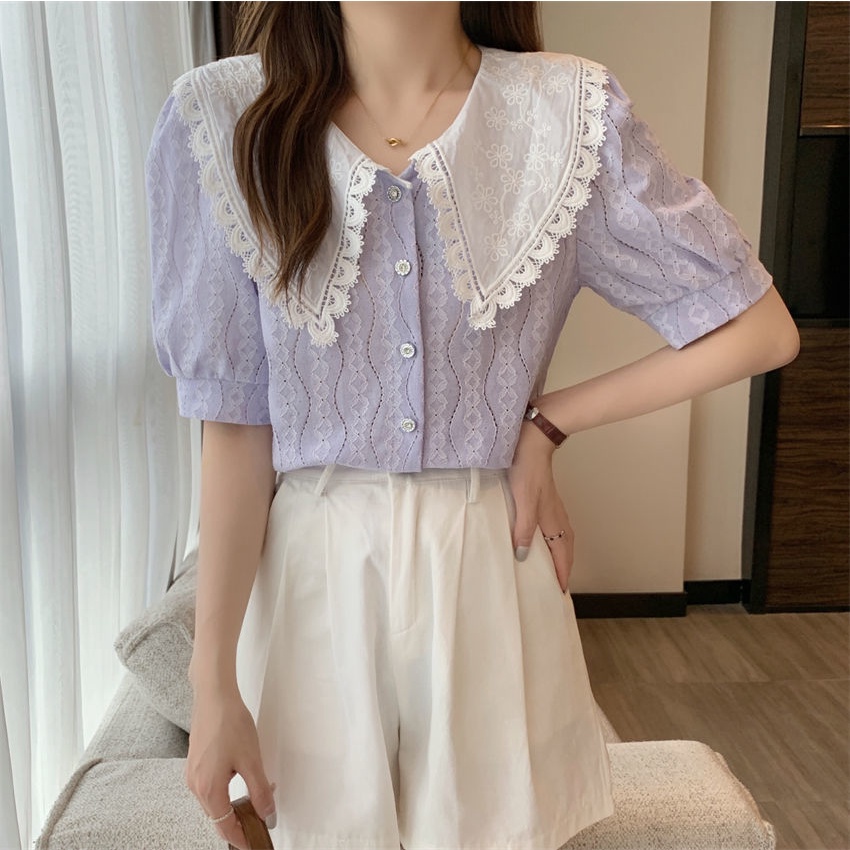 Áo Sơ Mi Trắng Tay Ngắn Cổ Búp Bê Phong Cách Hàn Quốc Ngọt Ngào Thời Trang Mùa