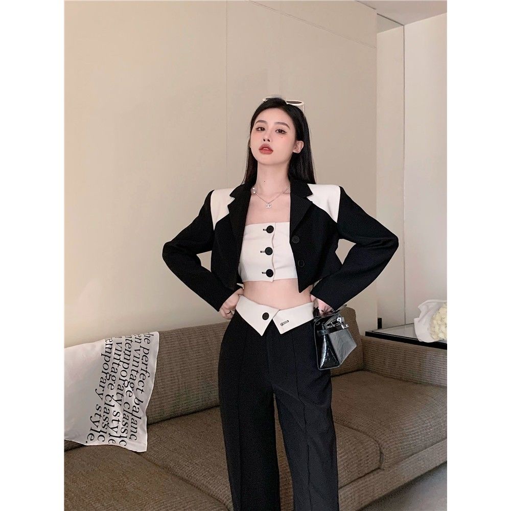 One Set Áo Ống + Quần Dài Ống Rộng Lưng Cao Màu Sắc Tương Phản Thời Trang Cho Nữ