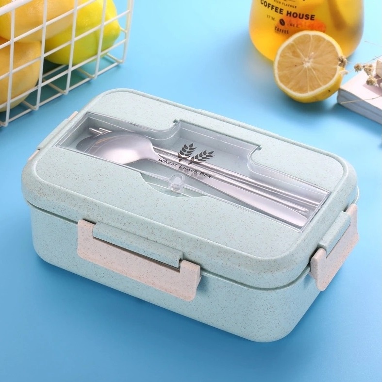 Hộp cơm văn phòng lúa mạch 3 ngăn cao cấp có đũa thìa inox