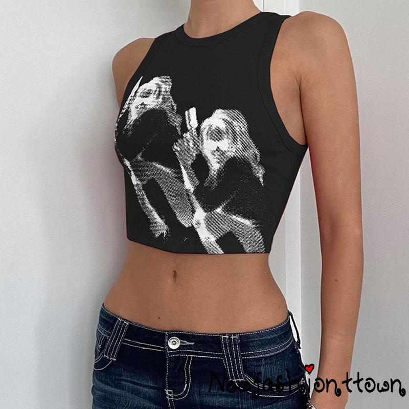 Áo Croptop Dệt Kim Sát Nách Cổ Tròn Phong Cách Đường Phố Cho Nữ Cỡ S-M-L
