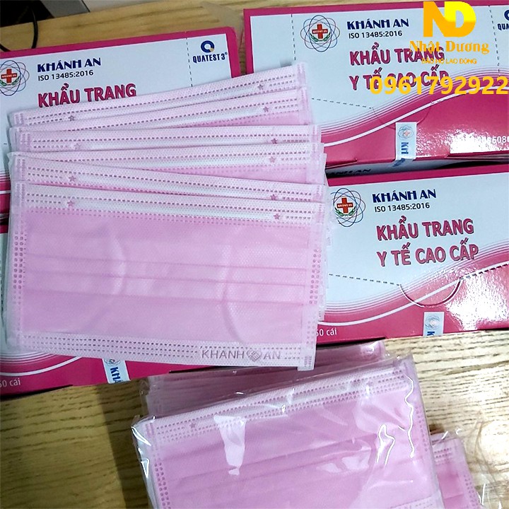 Khẩu trang y tế khánh an màu hồng hộp 50 cái kháng khuẩn - Hàng sẵn  - Hình Thật