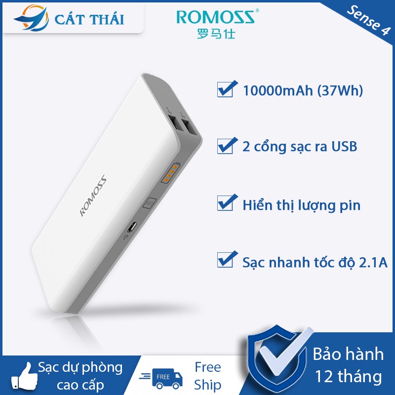 Pin sạc dự phòng Romoss Sense 4 10000mAh có 2 cổng sạc ra USB, 1 cổng sạc vào Micro hỗ trợ sạc nhanh tốc độ 2.1A nhỏ gọn