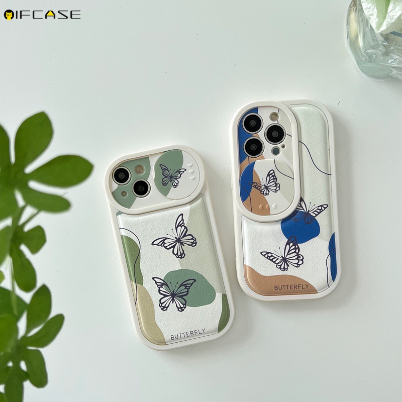 Ốp Điện Thoại Da Mềm Chống Sốc Có Nắp Trượt Bảo Vệ Camera In Hình Bướm Cho iPhone 13 12 11 Pro Max XS Max XR X