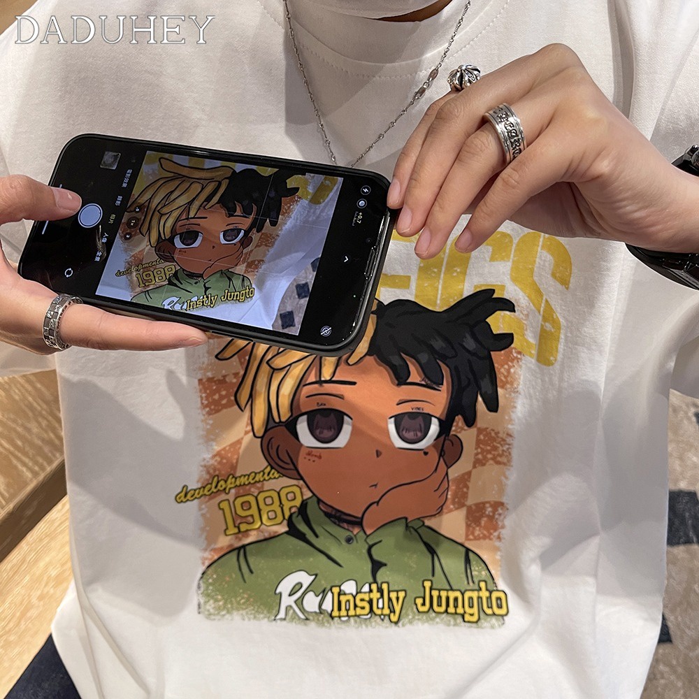 DaDuHey Men's Summer American Retro Fashion Brand Short Sleeve T-shirt Loose Hip Hop High Street Fashion Boys T-shirt