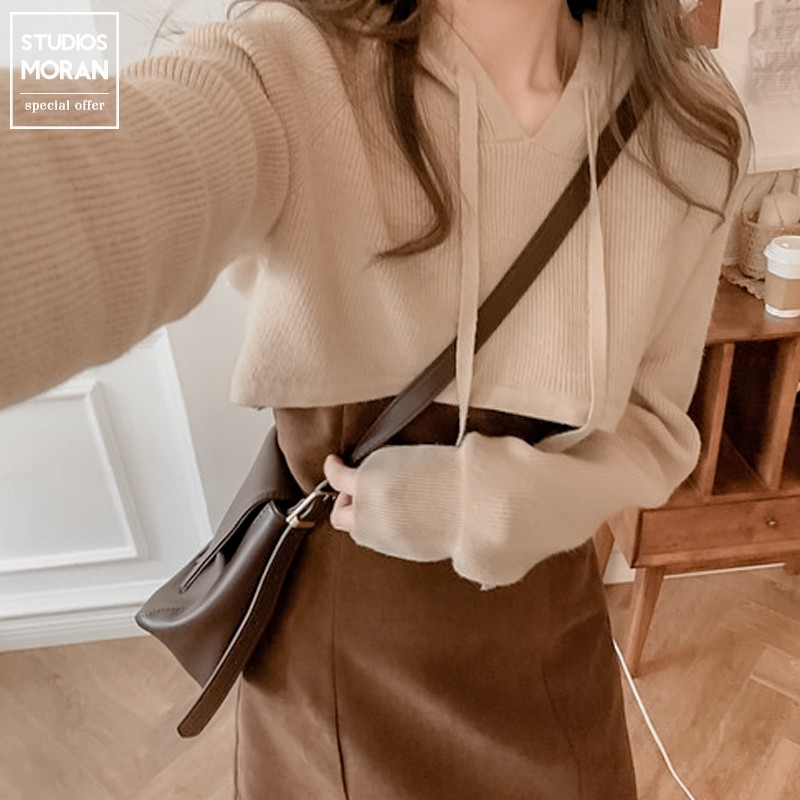 Set áo len có mũ dáng Croptop + Váy xòe dáng A-line style MORAN độc lạ Hàn Quốc