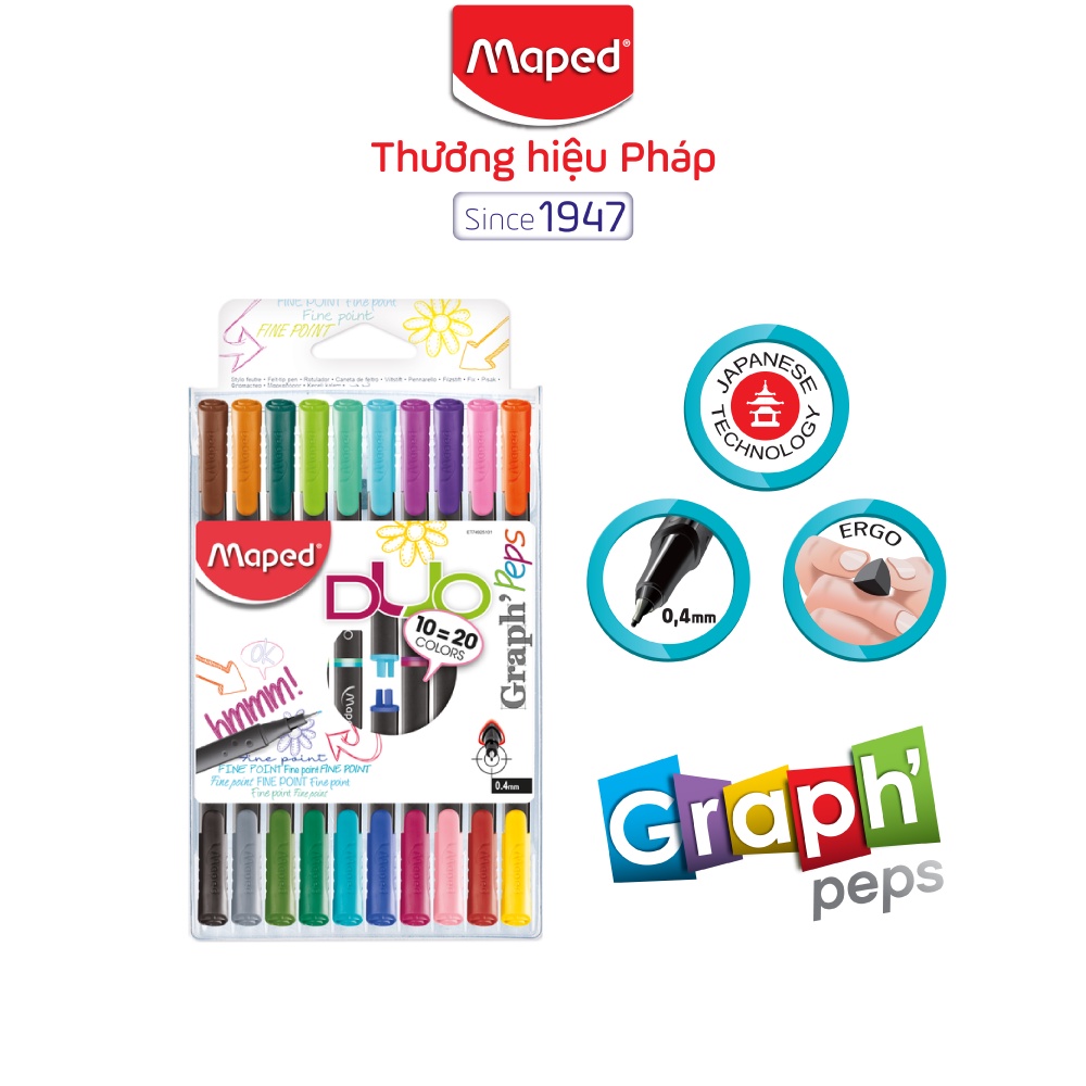 Viết kim Maped 2 đầu vĩ 10 cây (20 màu) - Pháp [Chính hãng]