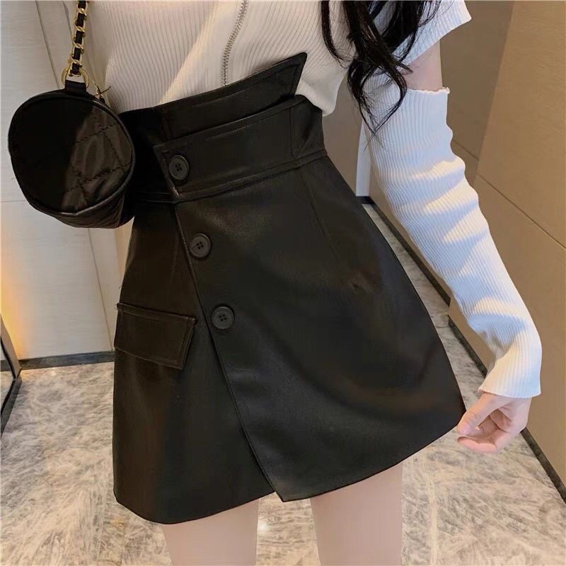 Quần short da 3 khuy cạp lệch thời trang hot hit cạp cao tôn dáng