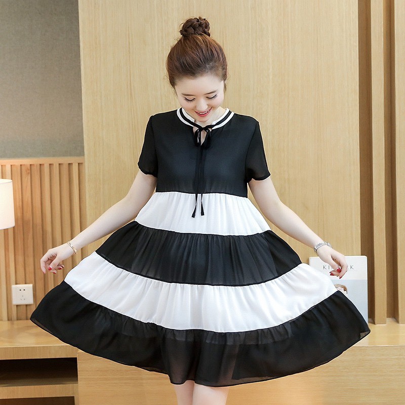 Váy bầu dáng suông VOAN LỤA  BABY DOLL phối đen trắng VTK22